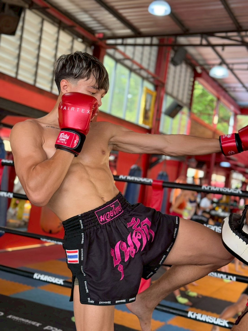 Thai Script Muay Thai Shorts | Black/Pink