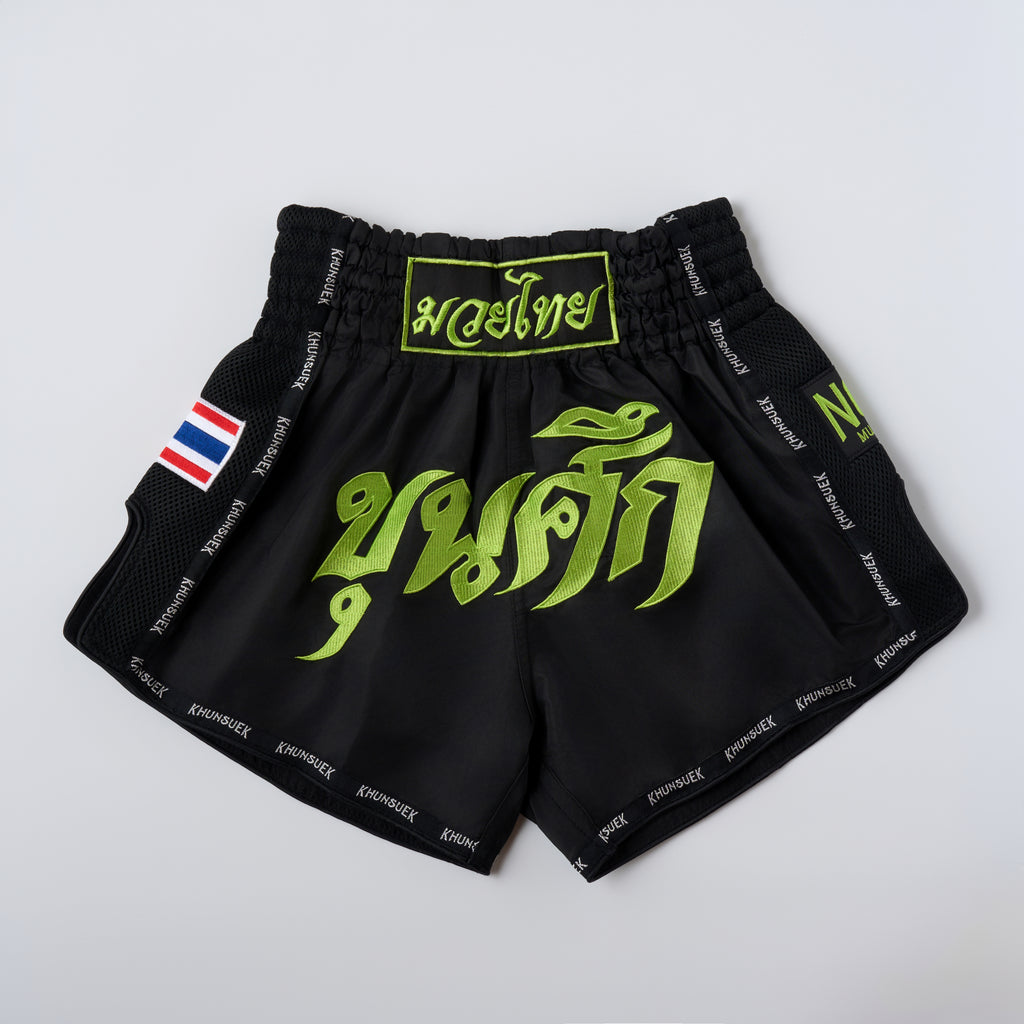 Thai Script Muay Thai Shorts | Black/Neon Green