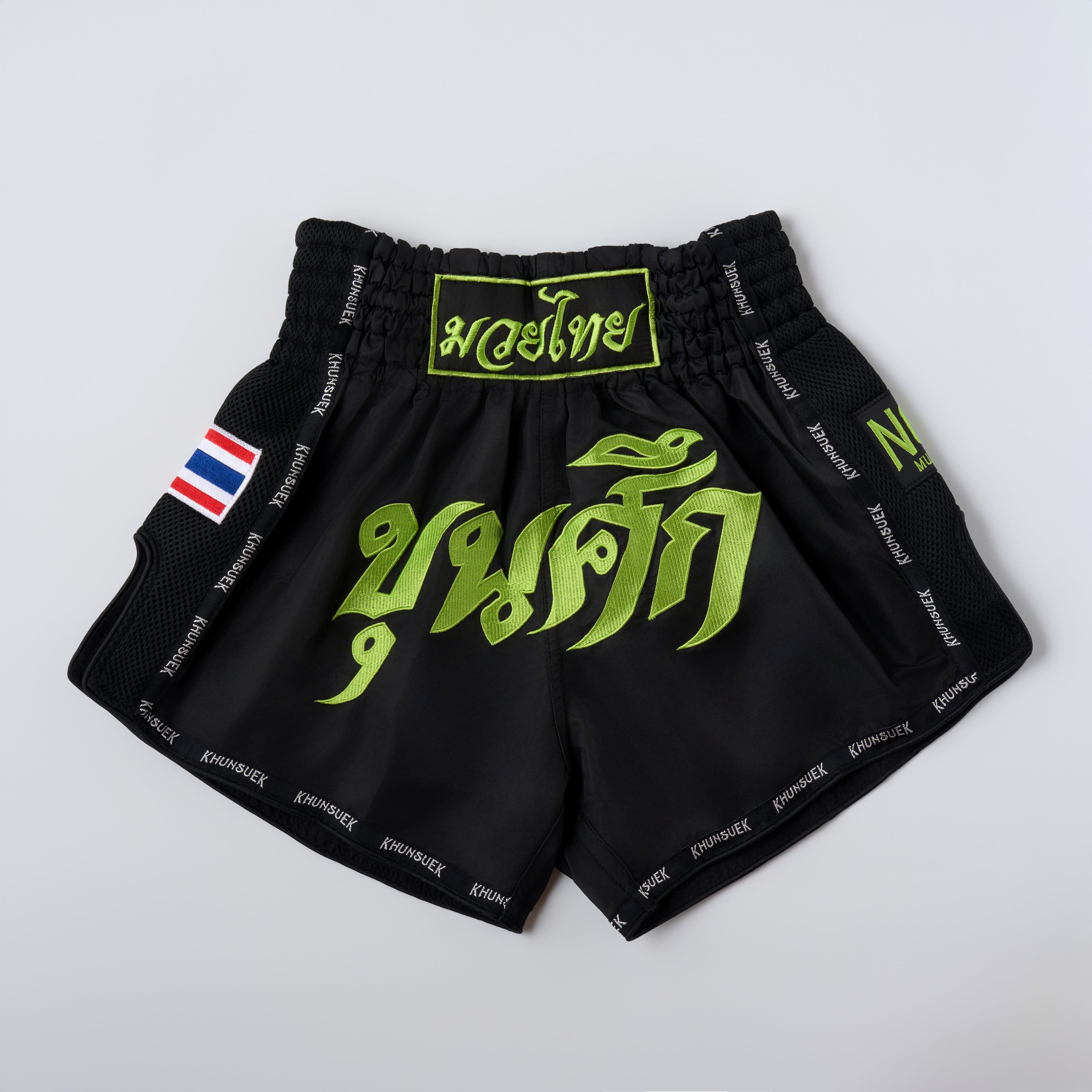 Thai Script Muay Thai Shorts | Black/Neon Green