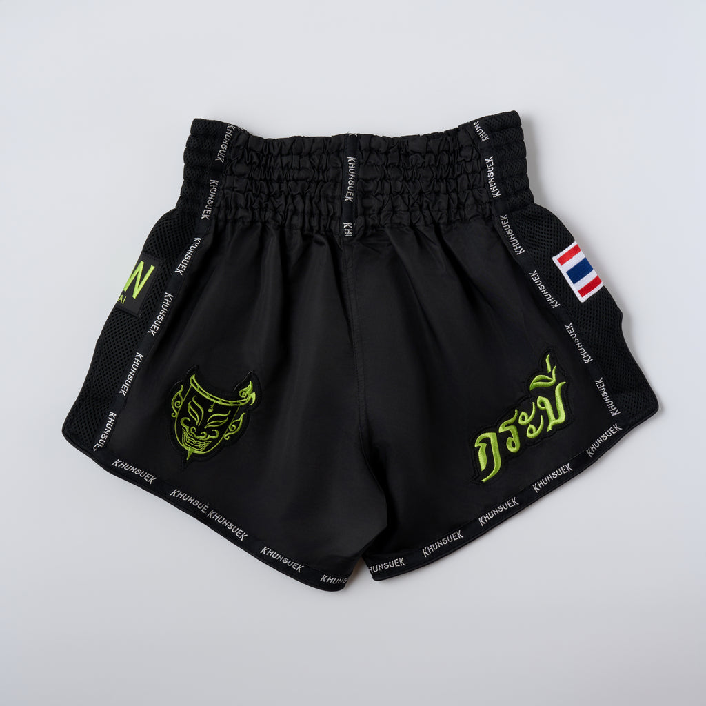 Thai Script Muay Thai Shorts | Black/Neon Green