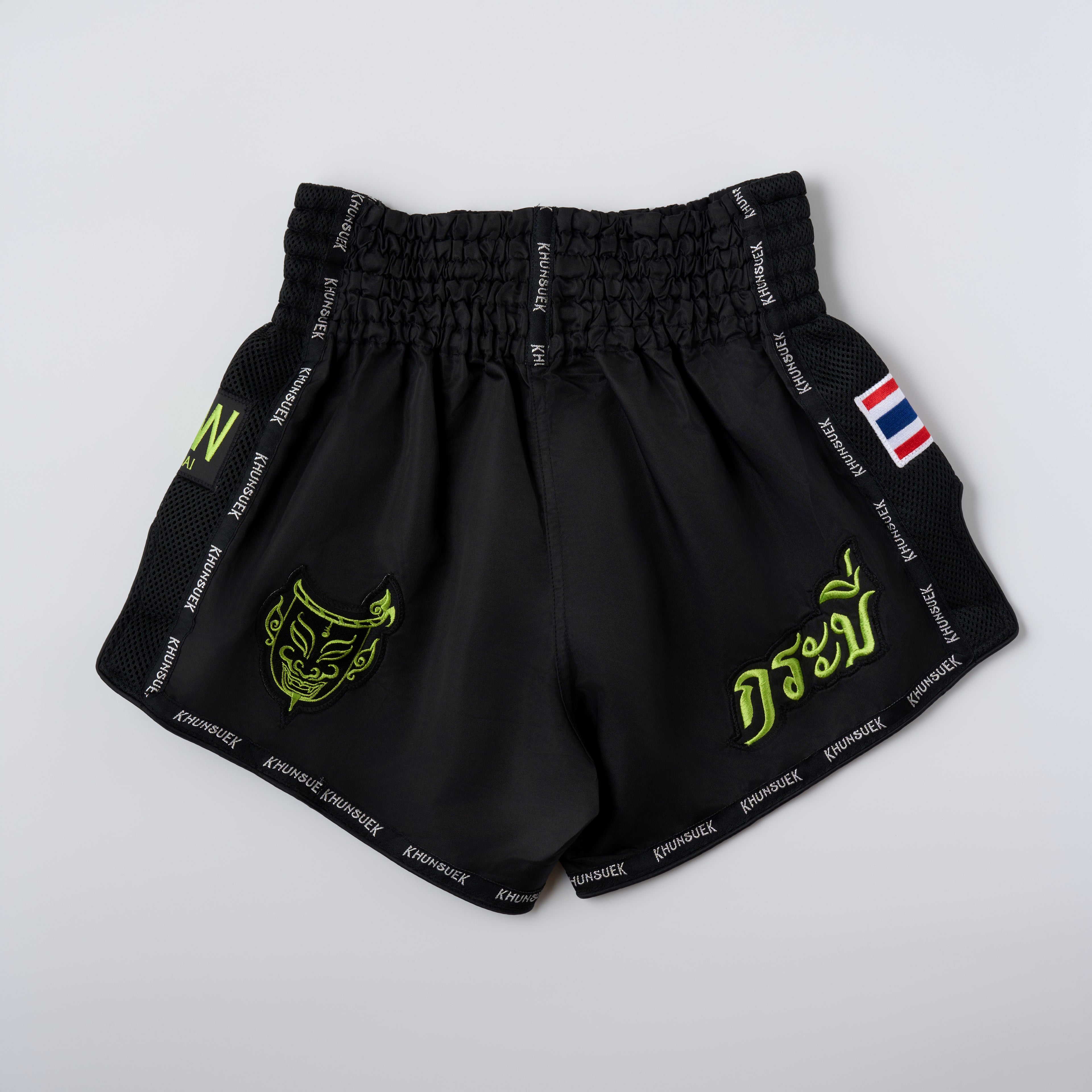 Thai Script Muay Thai Shorts | Black/Neon Green