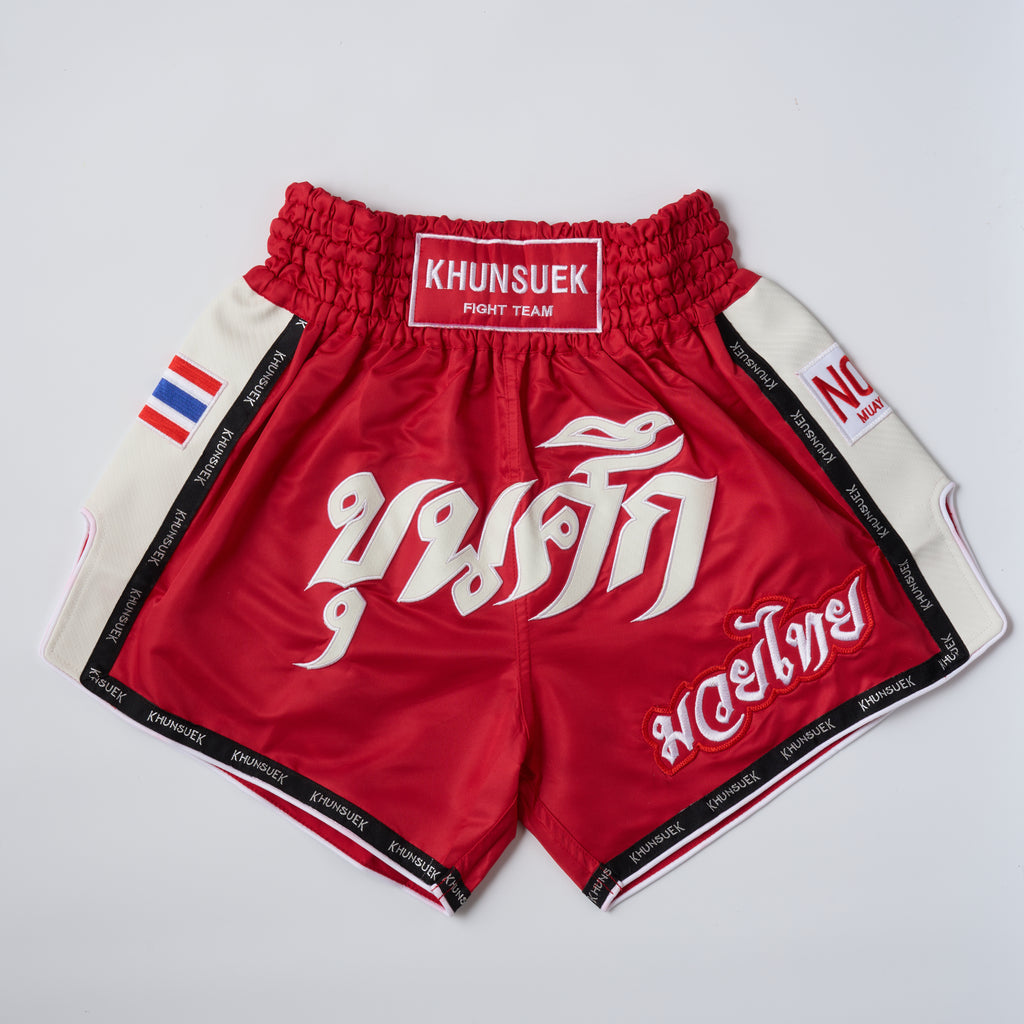 Thai Script Muay Thai Shorts | Red/White