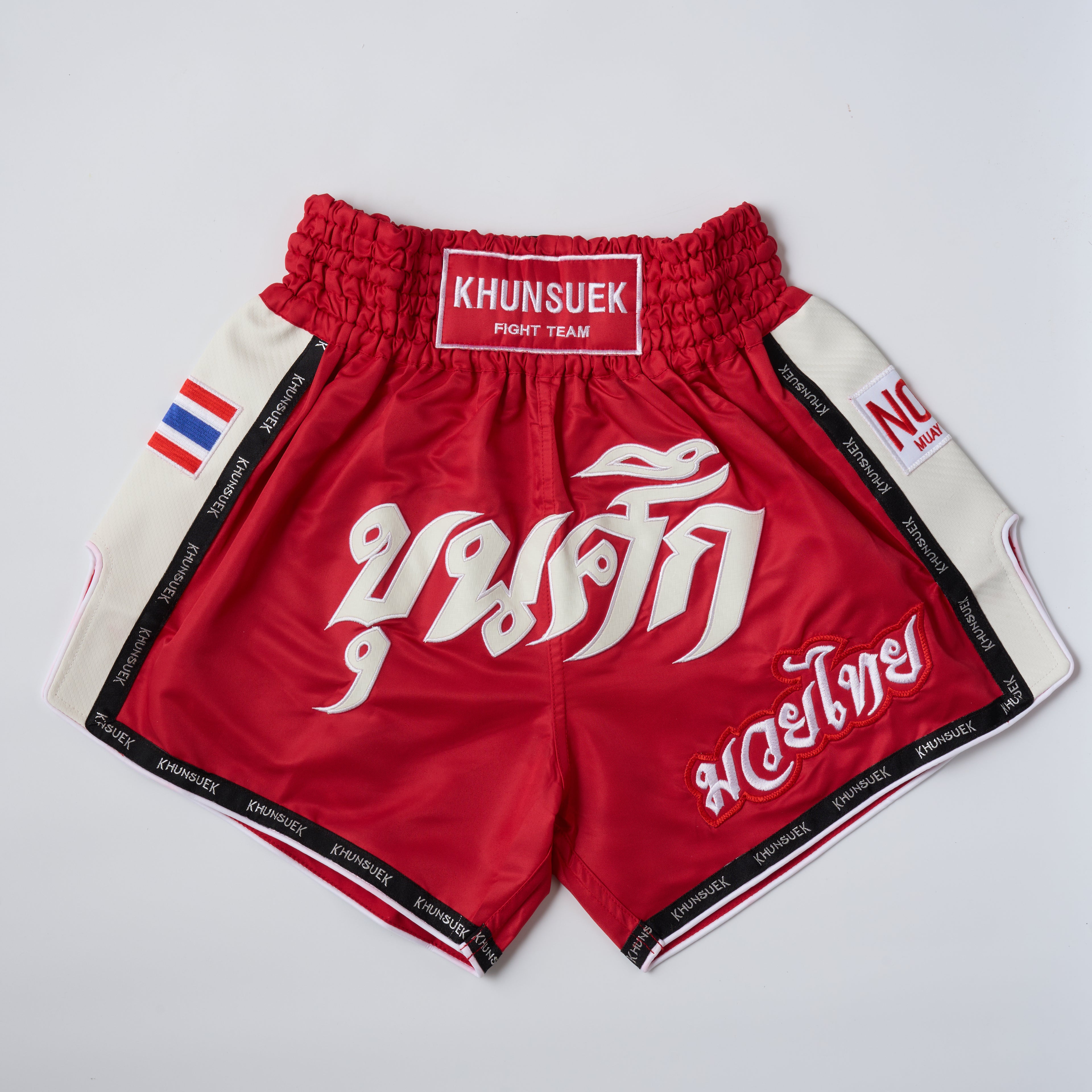 Thai Script Muay Thai Shorts | Red/White