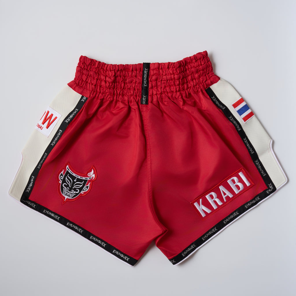 Thai Script Muay Thai Shorts | Red/White
