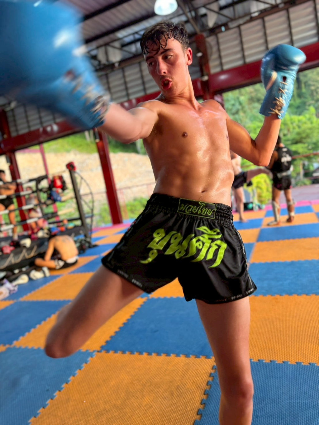 Thai Script Muay Thai Shorts | Black/Neon Green